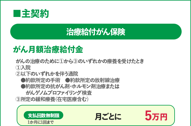 治療給付がん保険 がん月額治療給付金 ①入院、②約款所定の手術、放射線治療、抗がん剤・ホルモン剤治療またはがんゲノムプロファイリング検査を伴う通院③所定の緩和療養で支払回数無制限の月ごとに5万円