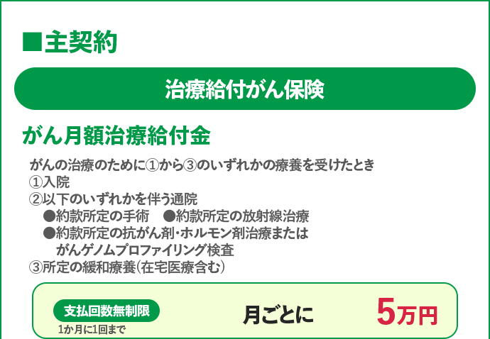 治療給付がん保険 がん月額治療給付金 ①入院、②約款所定の手術、放射線治療、抗がん剤・ホルモン剤治療またはがんゲノムプロファイリング検査を伴う通院③所定の緩和療養で支払回数無制限の月ごとに5万円