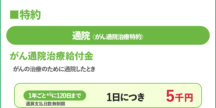 通院 がん通院治療給付金 1年ごと＊5に120日まで 通算支払日数無制限 1日につき5千円