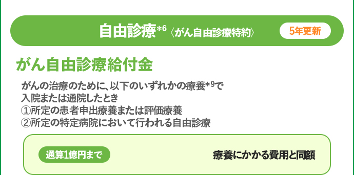自由診療＊6 がん自由診療給付金 ①所定の患者申出、評価療養②所定の特定病院での自由診療 通算1億円まで療養にかかる費用と同額