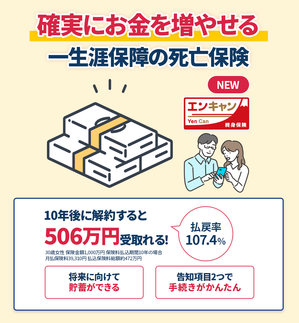 確実にお金を増やせる一生涯保障の死亡保険 エンキャン Yen Can 終身保険　10年後に解約すると506万円受取れる！ 払戻率107.4%　将来に向けて貯蓄ができる　告知項目2つで手続きがかんたん