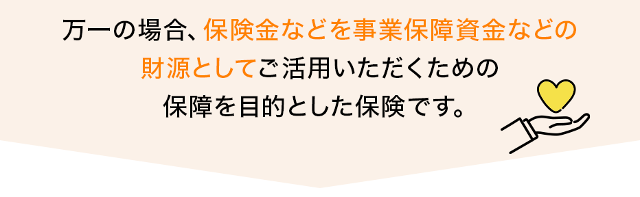 万一の場合、保険金などを事業保障資金などの財源としてご活用いただくための保障を目的とした保険です。