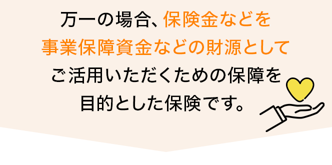 万一の場合、保険金などを事業保障資金などの財源としてご活用いただくための保障を目的とした保険です。