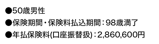 ●50歳男性●保険期間・保険料払込期間：98歳満了●年払保険料（口座振替扱）：2,860,600円