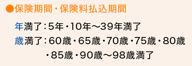 ●保険期間・保険料払込期間 年満了：5年・10年～39年満了歳満了：60歳・65歳・70歳・75歳・80歳・85歳・90歳～98歳満了