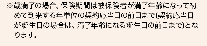 ※歳満了の場合、保険期間は被保険者が満了年齢になって初めて到来する年単位の契約応当日の前日まで（契約応当日が誕生日の場合は、満了年齢になる誕生日の前日まで）となります。