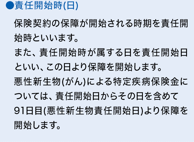 ●責任開始時（日）保険契約の保障が開始される時期を責任開始時といいます。また、責任開始時が属する日を責任開始日といい、この日より保障を開始します。悪性新生物(がん)による特定疾病保険金については、責任開始日からその日を含めて91日目（悪性新生物責任開始日）より保障を開始します。