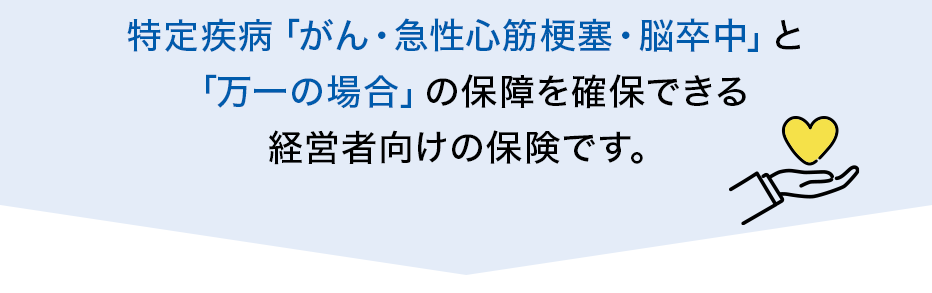 特定疾病「がん・急性心筋梗塞・脳卒中」と「万一の場合」の保障を確保できる経営者向けの保険です。