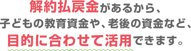 解約払戻金があるから、子どもの教育資金や、老後の資金など、目的に合わせて活用できます。