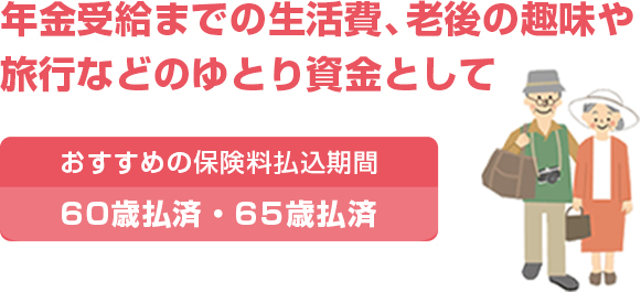 年金受給までの生活費、老後の趣味や旅行などのゆとり資金として おすすめの保険料払込期間 60歳払済・65歳払済