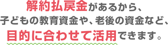 解約払戻金があるから、子どもの教育資金や、老後の資金など、目的に合わせて活用できます。