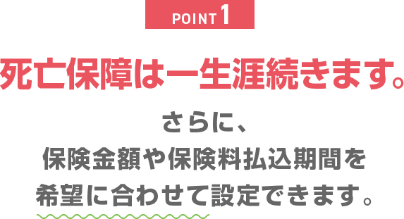 POINT1 死亡保障は一生涯続きます。さらに、保険金額や保険料払込期間を希望に合わせて設定できます。