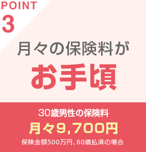 POINT3 月々の保険料がお手頃 30歳男性がお申込みの場合の保険料月々9,700円 保険金額500万円、60歳払済の場合