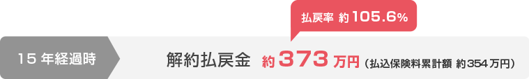 15年経過時 解約払戻金約373万円（払込保険料累計額 約354万円）