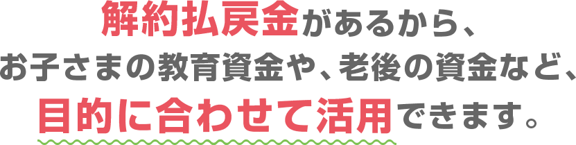 解約払戻金があるから、お子さまの教育資金や、老後の資金など、目的に合わせて活用できます。