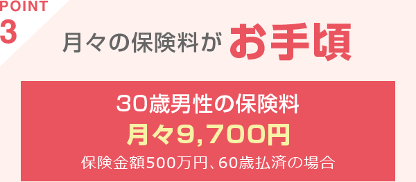 POINT3 月々の保険料がお手頃 30歳男性がお申込みの場合の保険料月々9,700円 *保険金額500万円、60歳払済の場合