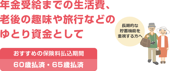 年金受給までの生活費、老後の趣味や旅行などのゆとり資金として おすすめの保険料払込期間 60歳払済・65歳払済 長期的な貯蓄機能を重視する方へ