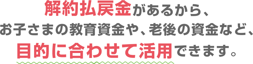 解約払戻金があるから、お子さまの教育資金や、老後の資金など、目的に合わせて活用できます。