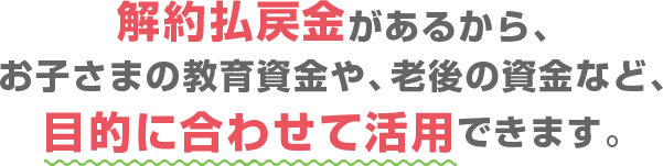 解約払戻金があるから、お子さまの教育資金や、老後の資金など、目的に合わせて活用できます。