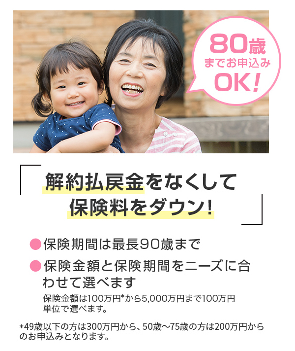 80歳までお申し込みOK　解約払戻金をなくして保険料をダウン！○保険期間は最長90歳まで○保管金額と保険期間をニーズに合わせて選べます。　保険金額は100万円（※）から5,000万円まで100万円単位で選べます。　※49歳以下の方は300万円から、50歳～75歳の方は200万円からのお申込みとなります。