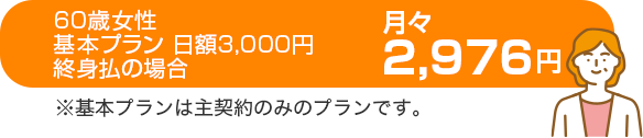 60歳女性 基本プラン(終身払)日額3,000円コースの場合月々 2,976円