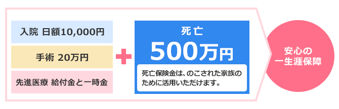 入院 日額10,000円、手術 20万円、先進医療 給付金と一時金+死亡 500万円(死亡保険金は、のこされた家族のために活用いただけます。) 安心の一生涯保障