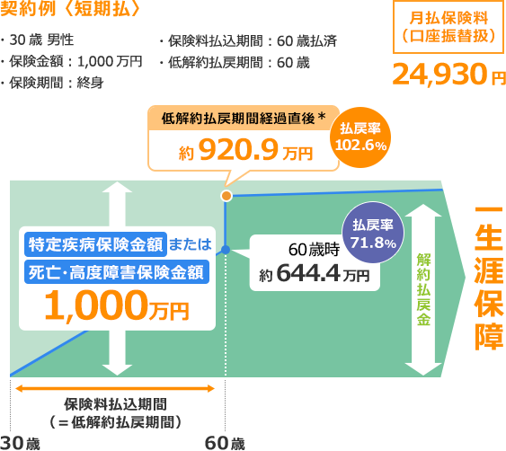 契約例〈短期払〉・30歳男性 ・保険金額：1,000万円 ・保険期間：終身 ・保険料払込期間：60歳払済 ・低解約払戻期間：60歳 月払保険料(口座振替扱)24,930円 保険料払込期間(＝低解約払戻期間)(30歳～60歳) 60歳時 約644.4万円(払戻率71.8％) 低解約払戻期間経過直後* 約920.9万円(払戻率102.6％) 特定疾病保険金額または死亡・高度障害保険金額 1,000万円 一生涯保障