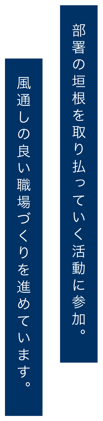 部署の垣根を取り払っていく活動に参加。風通しの良い職場づくりを進めています。